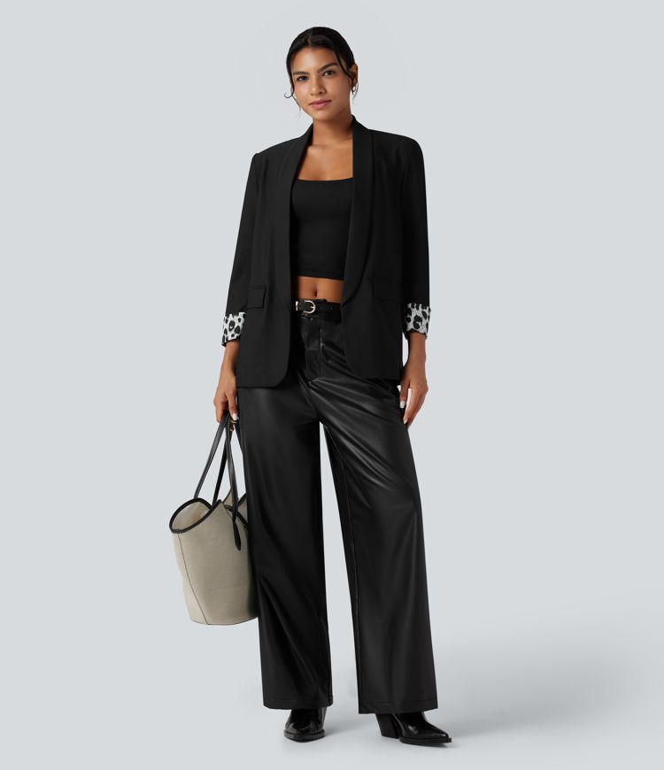 Lapel Long Sleeve Leopard Print Twill Work Blazer with Pockets