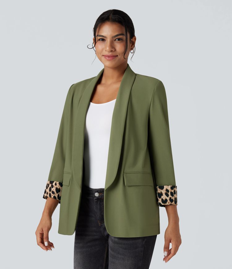 Calliste Green Lapel Long Sleeve Leopard Print Twill Work Blazer with Pockets / 1