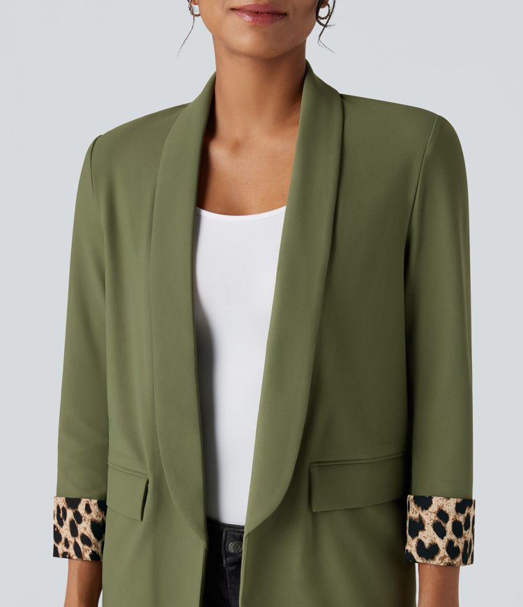 Blazer tailleur sergé imprimé léopard col tailleur manches longues avec poches