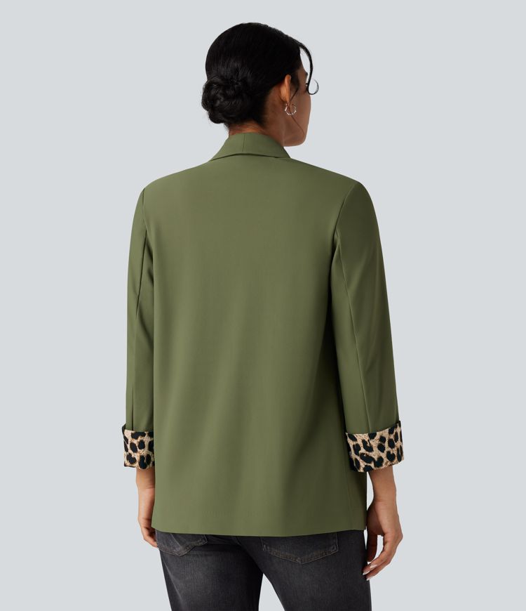 Blazer tailleur sergé imprimé léopard col tailleur manches longues avec poches