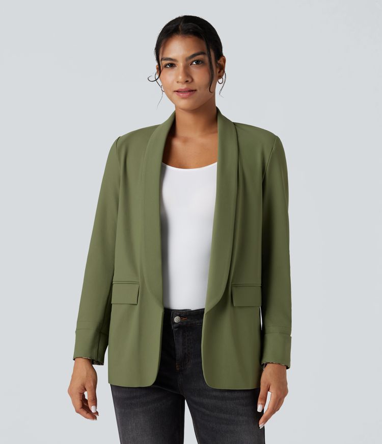 Blazer tailleur sergé imprimé léopard col tailleur manches longues avec poches