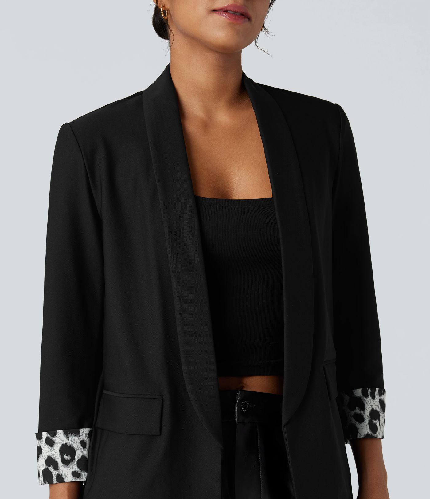 Lapel Long Sleeve Leopard Print Twill Work Blazer with Pockets