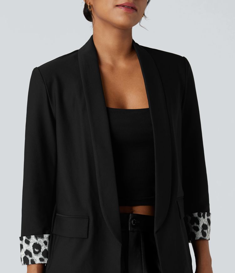 Lapel Long Sleeve Leopard Print Twill Work Blazer with Pockets