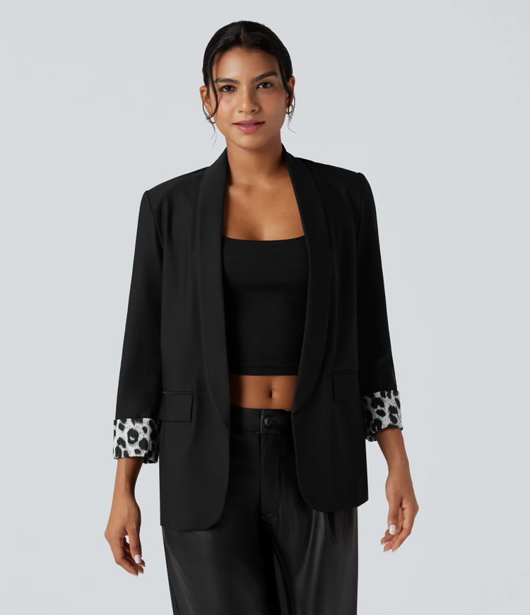 Lapel Long Sleeve Leopard Print Twill Work Blazer with Pockets