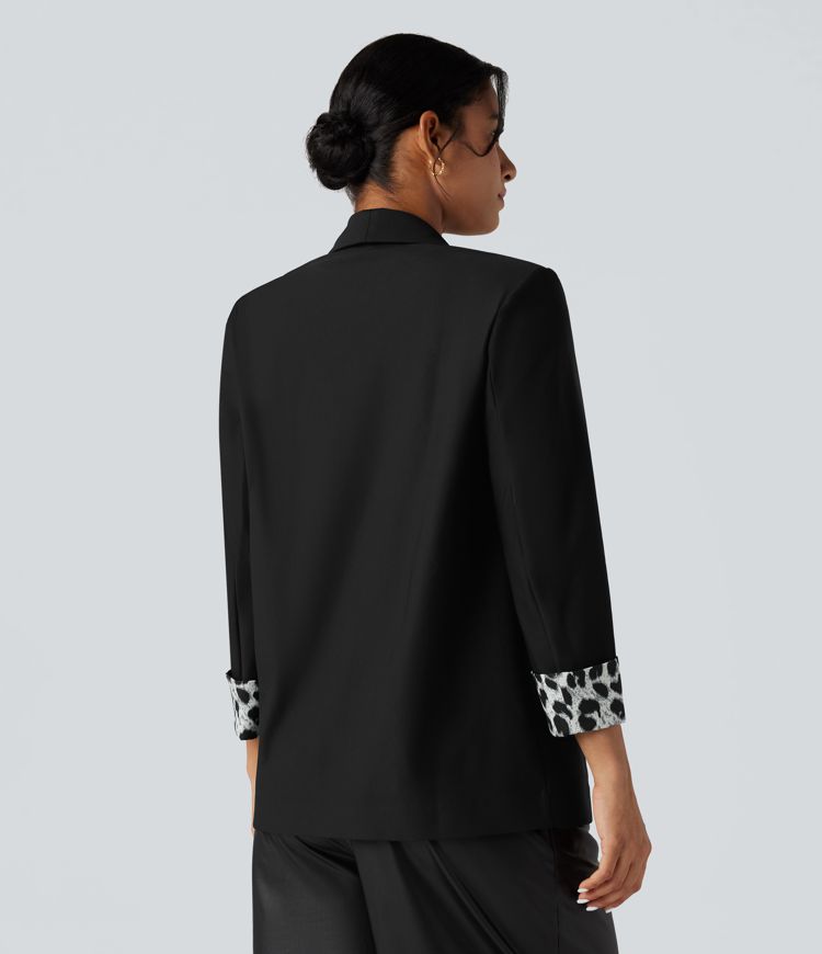 Lapel Long Sleeve Leopard Print Twill Work Blazer with Pockets