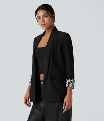 Lapel Long Sleeve Leopard Print Twill Work Blazer with Pockets