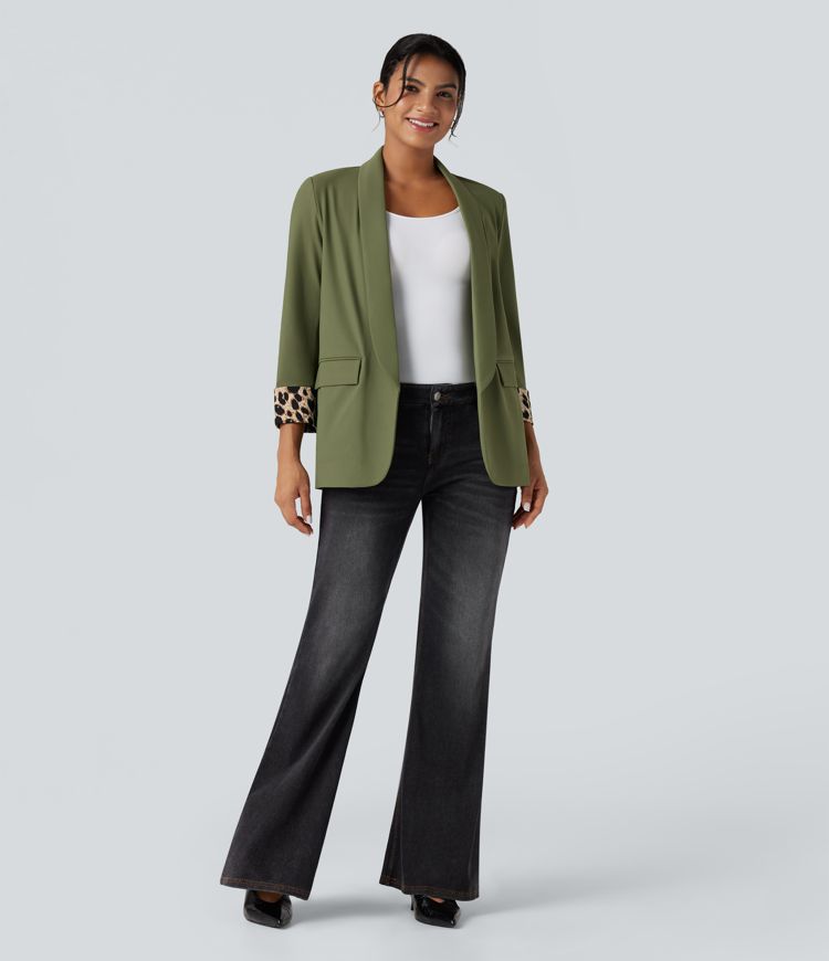 Blazer tailleur sergé imprimé léopard col tailleur manches longues avec poches