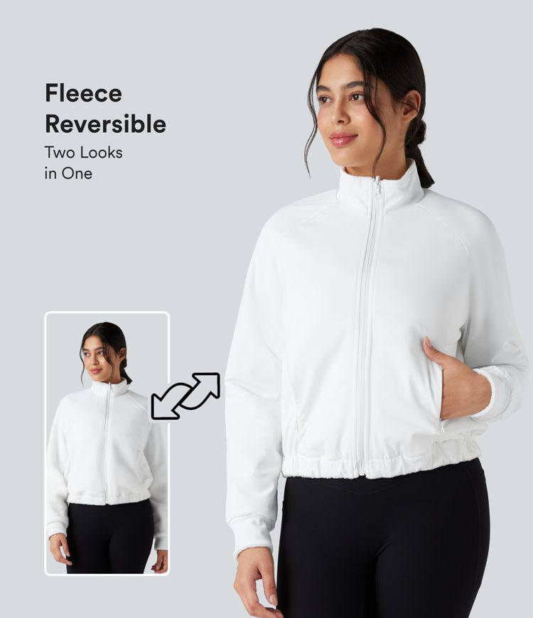 Reversible High Neck Long Sleeve Fleece Hiking Jacket with Pockets (Two Looks in One)