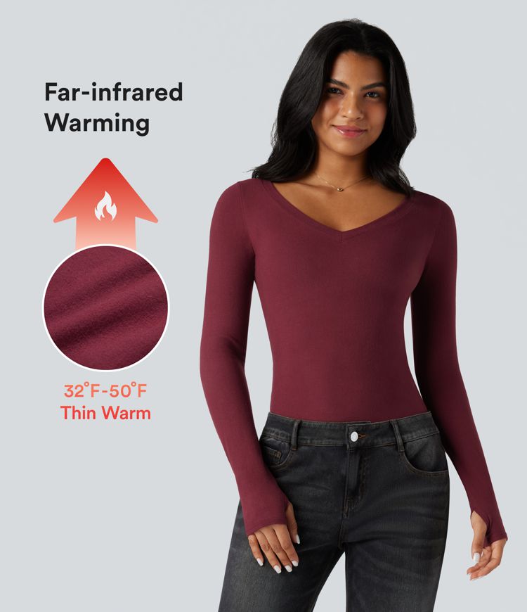 V Neck Long Sleeve Thumb Hole Casual Warming Top