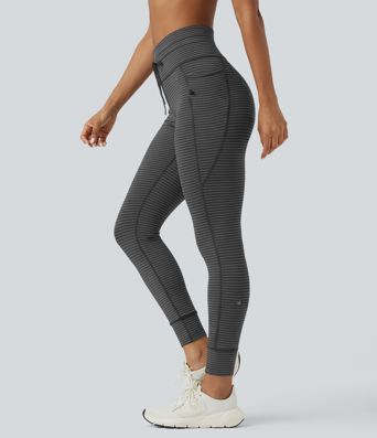 High Waisted Drawstring Striped Women Yoga Leggings with Pockets