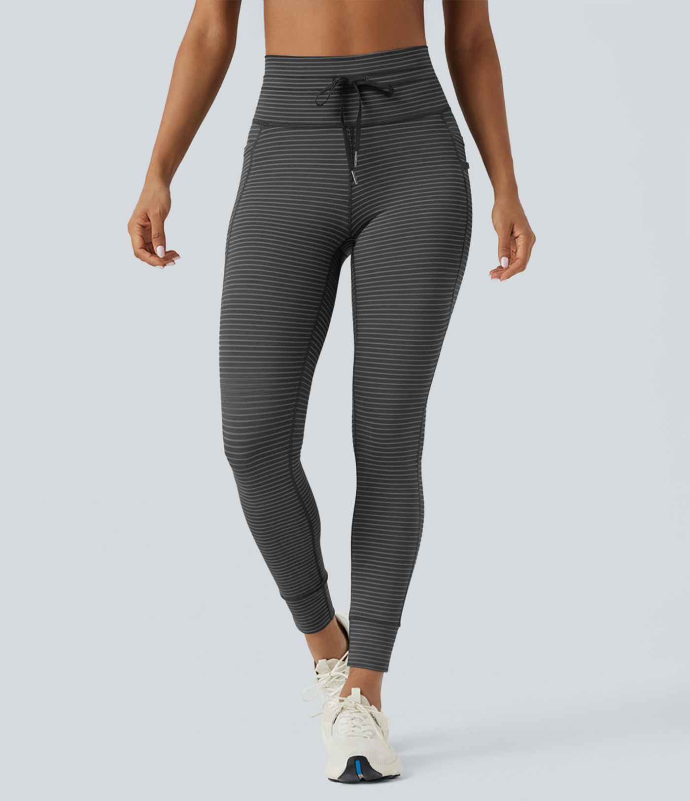 High Waisted Drawstring Striped Women Yoga Leggings with Pockets