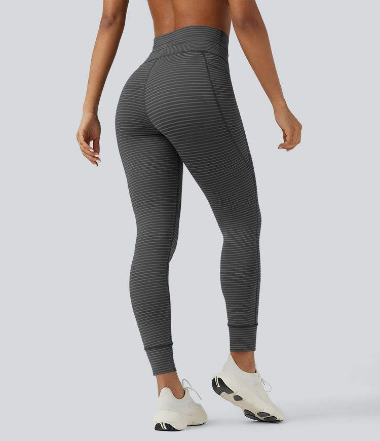 High Waisted Drawstring Striped Yoga Leggings with Pockets