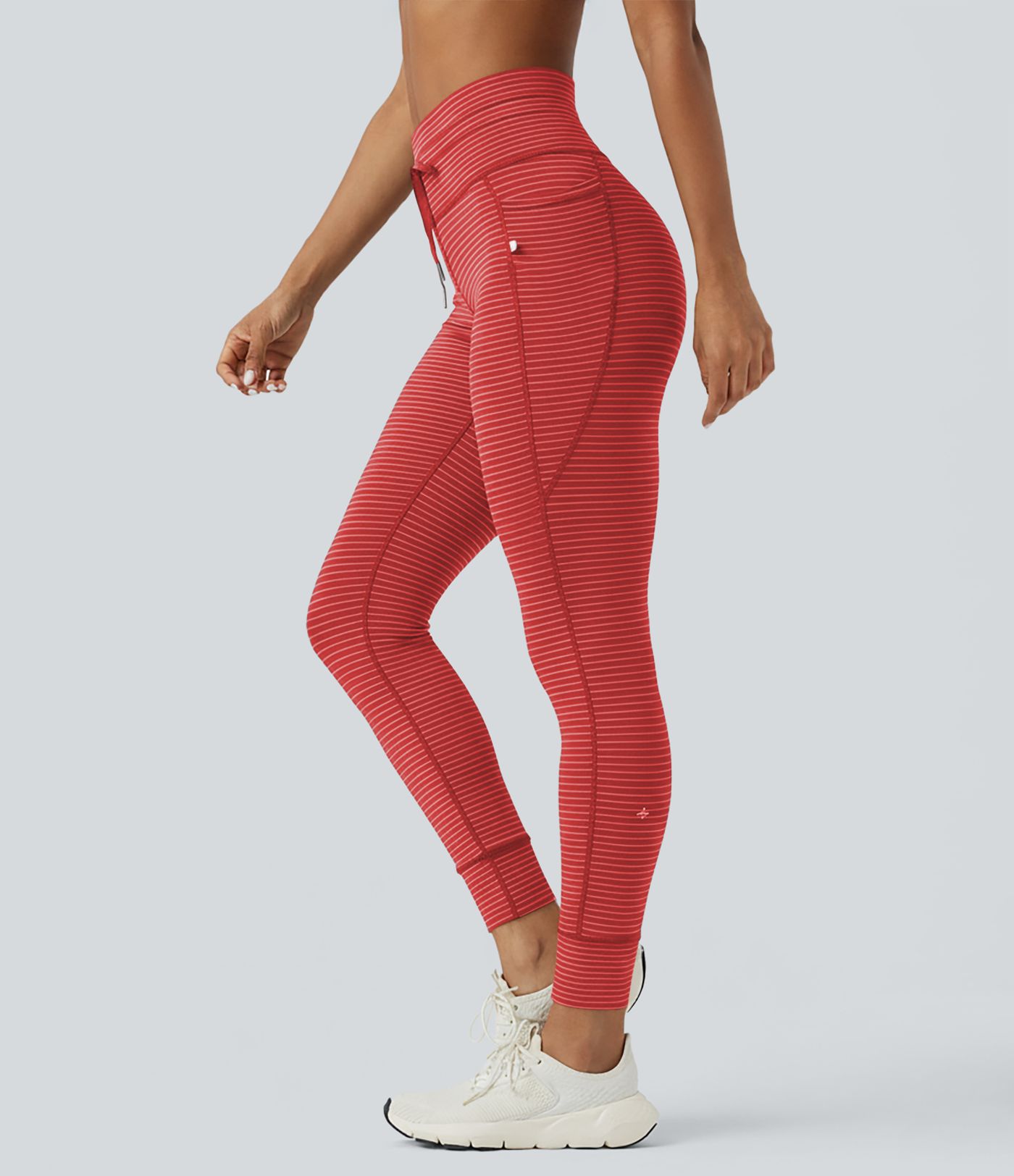 High Waisted Drawstring Striped Yoga Leggings with Pockets