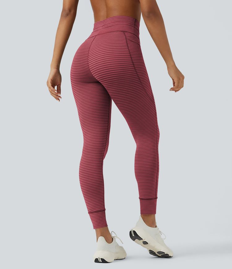 High Waisted Drawstring Striped Women Yoga Leggings with Pockets