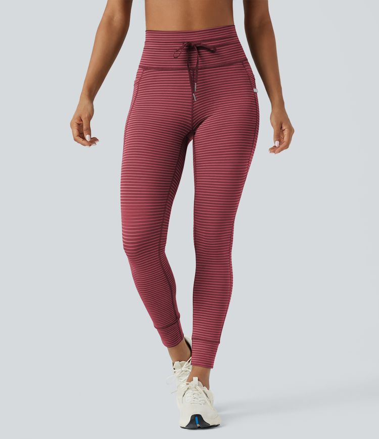 High Waisted Drawstring Striped Women Yoga Leggings with Pockets