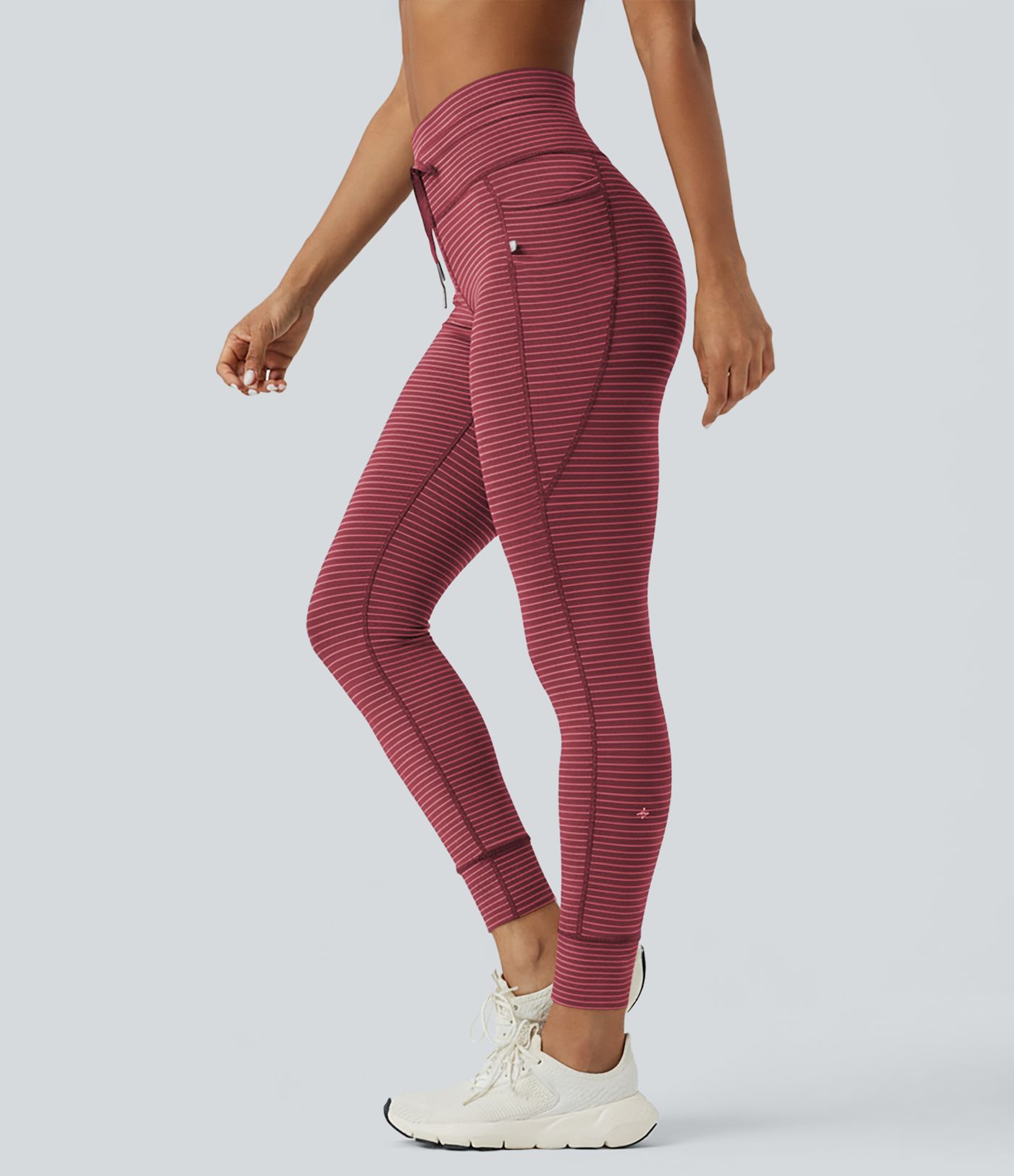 High Waisted Drawstring Striped Women Yoga Leggings with Pockets