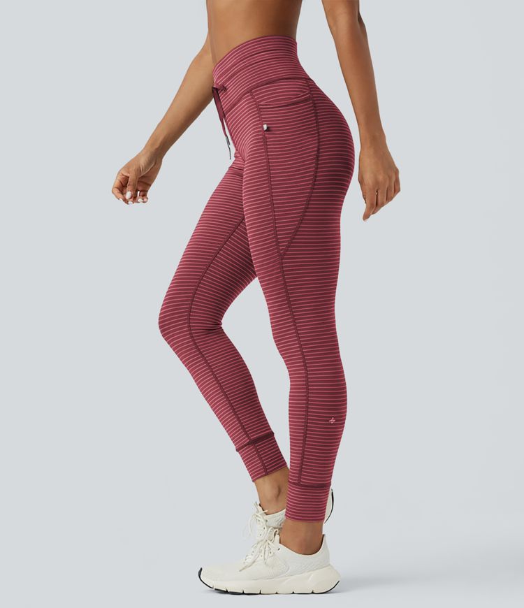 High Waisted Drawstring Striped Women Yoga Leggings with Pockets