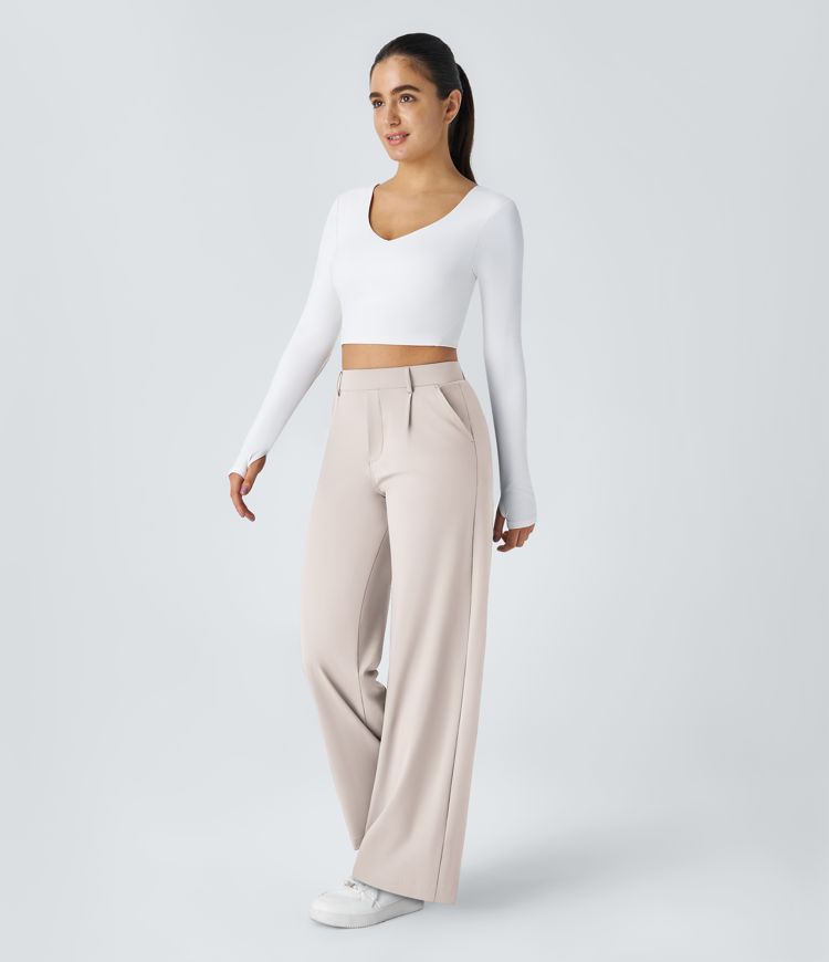 Halara Flex™ Pantalon Tailleur Taille Haute Plissé Poches Latérales Jambe Droite