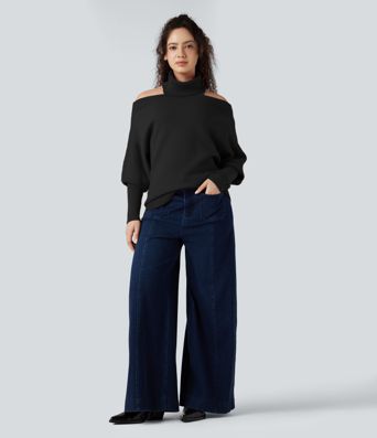 Off Shoulder High-neck Batwing Long Sleeve Casual Jumper