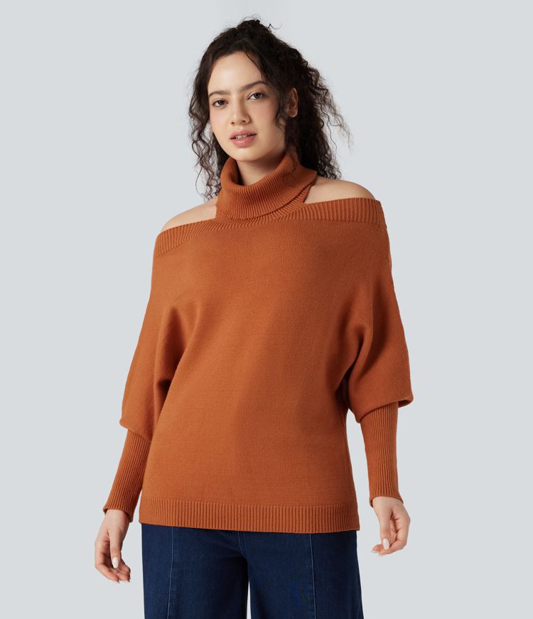 Off Shoulder High-neck Batwing Long Sleeve Casual Sweater