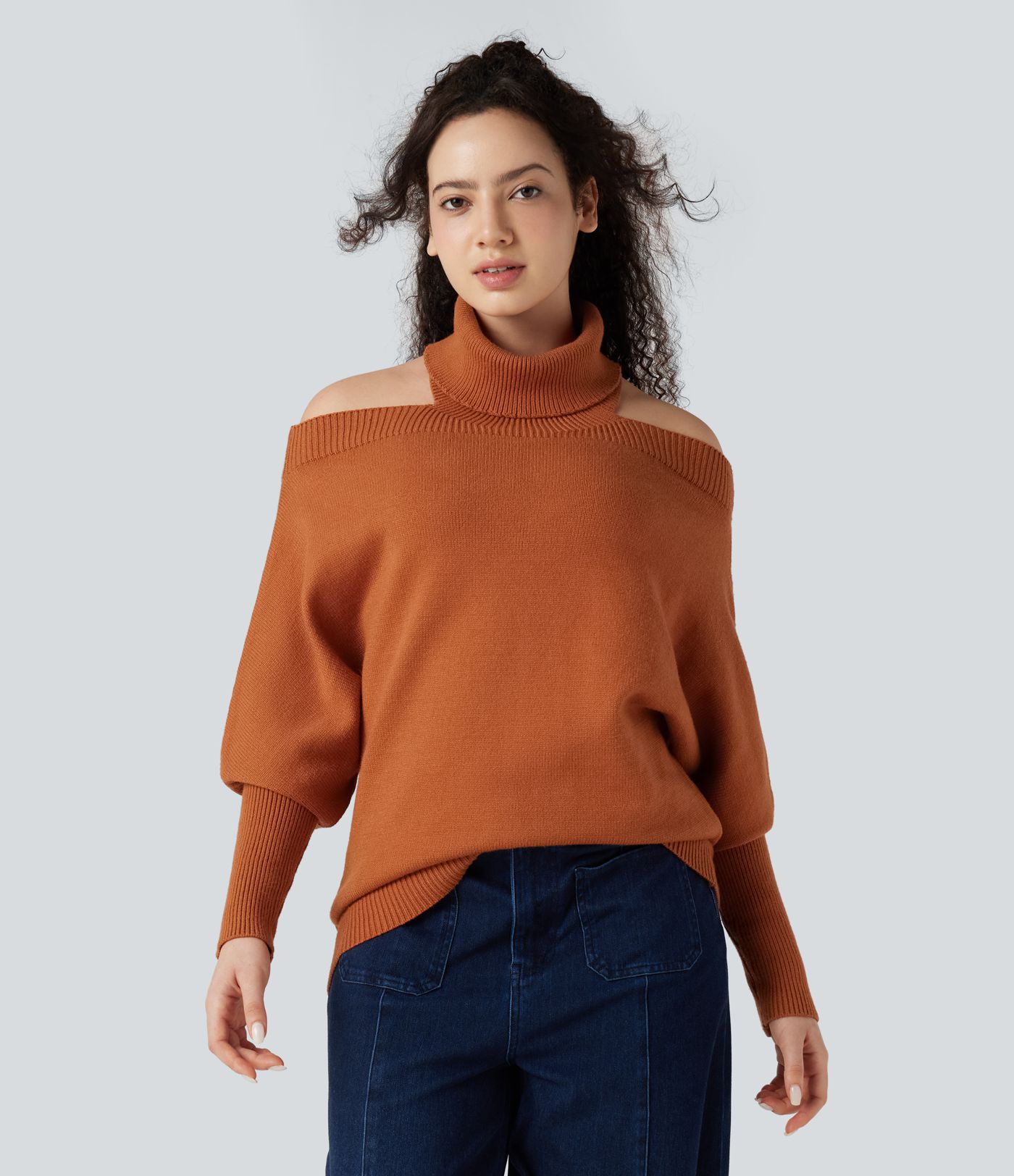 Off Shoulder High-neck Batwing Long Sleeve Casual Sweater