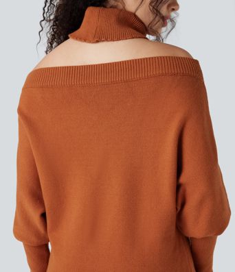 Off Shoulder High-neck Batwing Long Sleeve Casual Sweater