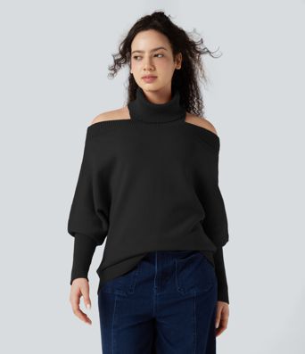 Off Shoulder High-neck Batwing Long Sleeve Casual Jumper