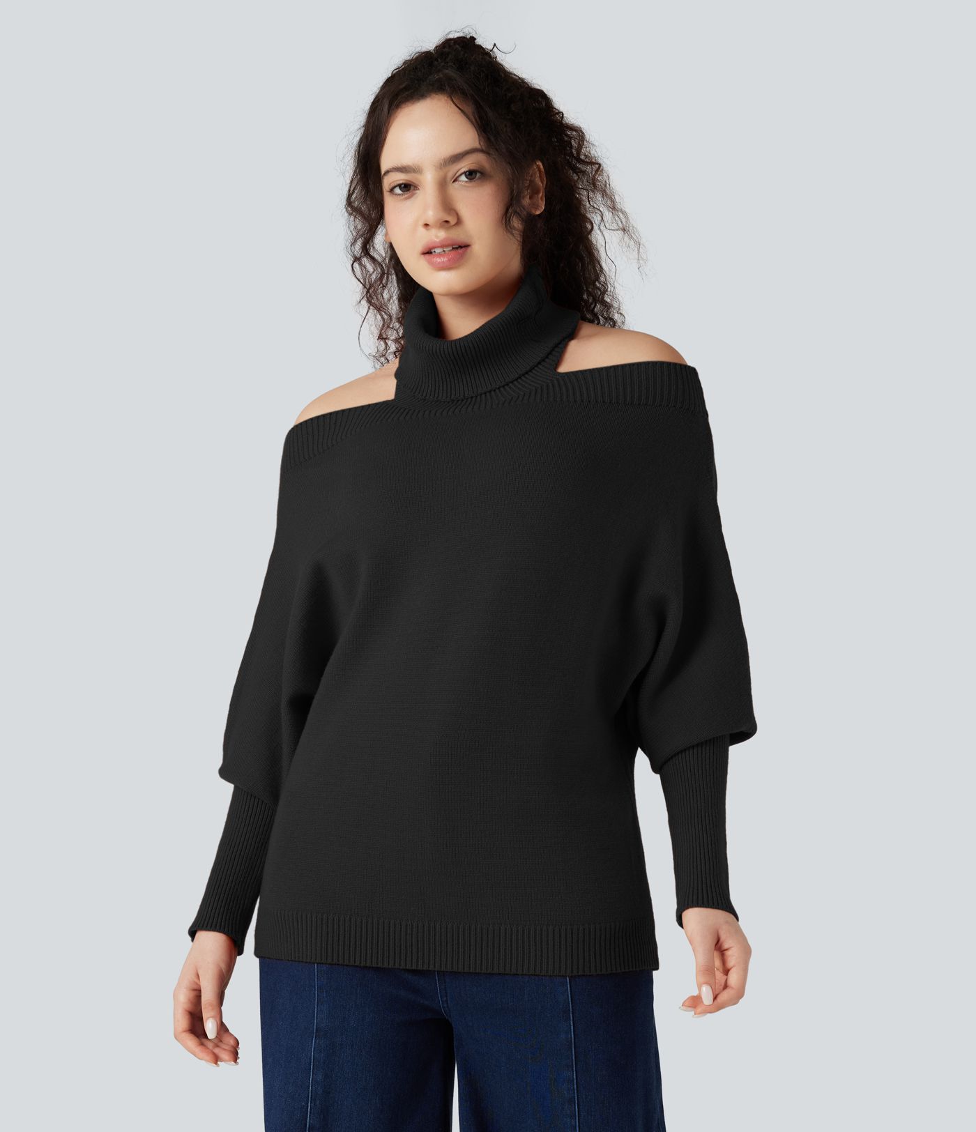 Off Shoulder High-neck Batwing Long Sleeve Casual Jumper