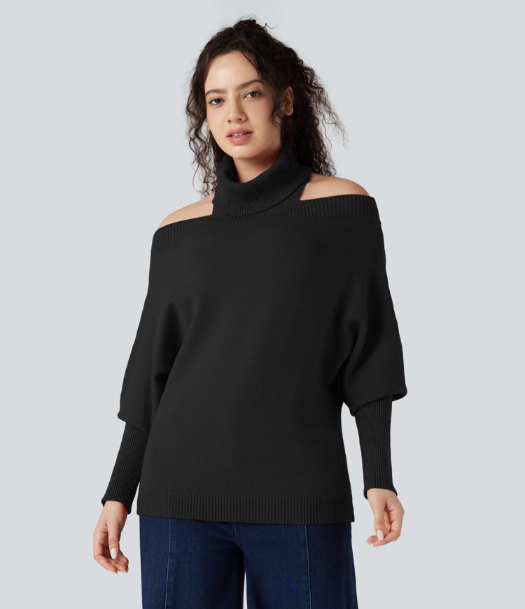 Off Shoulder High-neck Batwing Long Sleeve Casual Jumper