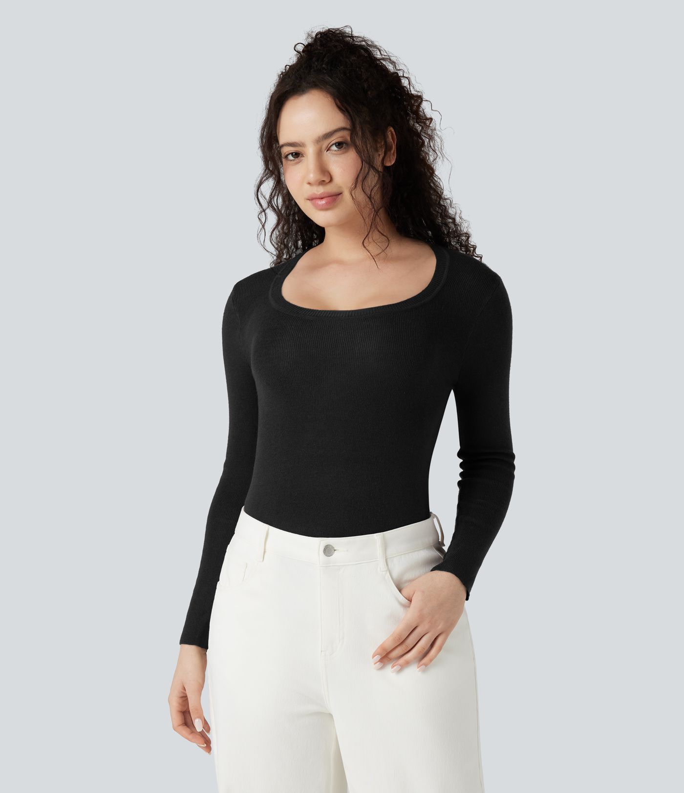 U-Neck Long Sleeve Wool-Blend Casual Sweater