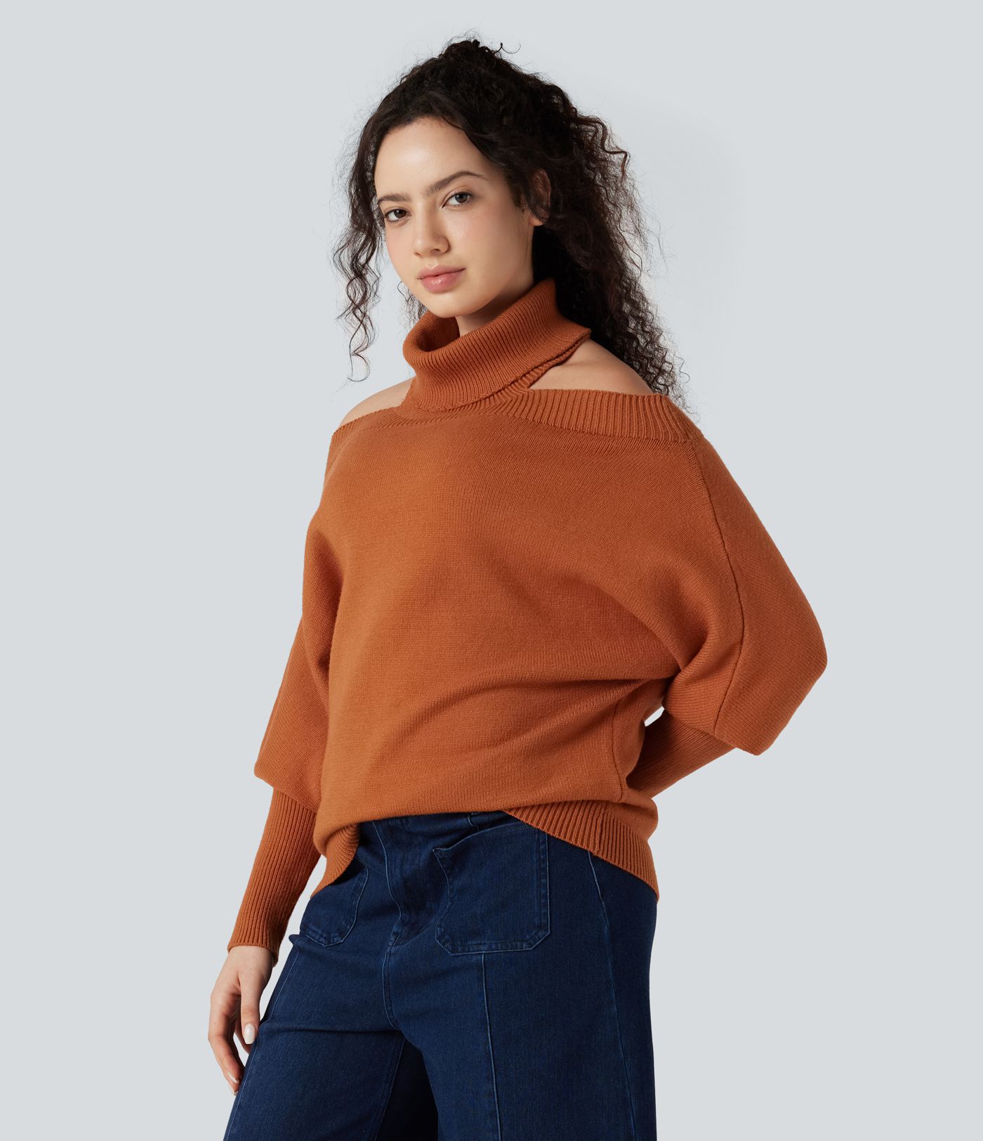 Off Shoulder High-neck Batwing Long Sleeve Casual Sweater