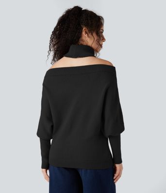 Off Shoulder High-neck Batwing Long Sleeve Casual Jumper