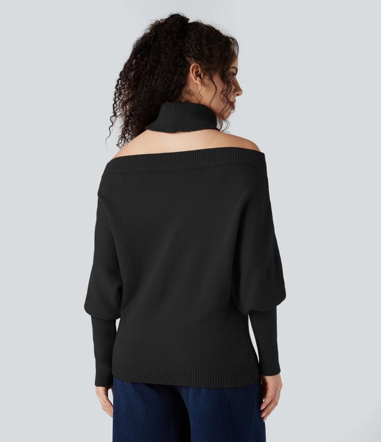 Off Shoulder High-neck Batwing Long Sleeve Casual Jumper