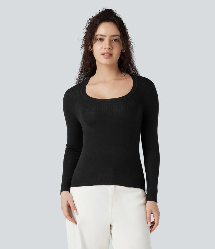 U-Neck Long Sleeve Wool-Blend Casual Sweater