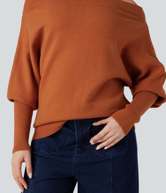 Off Shoulder High-neck Batwing Long Sleeve Casual Sweater