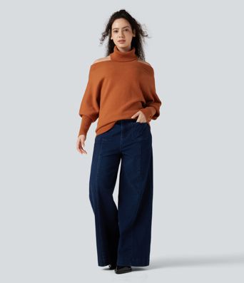 Off Shoulder High-neck Batwing Long Sleeve Casual Sweater