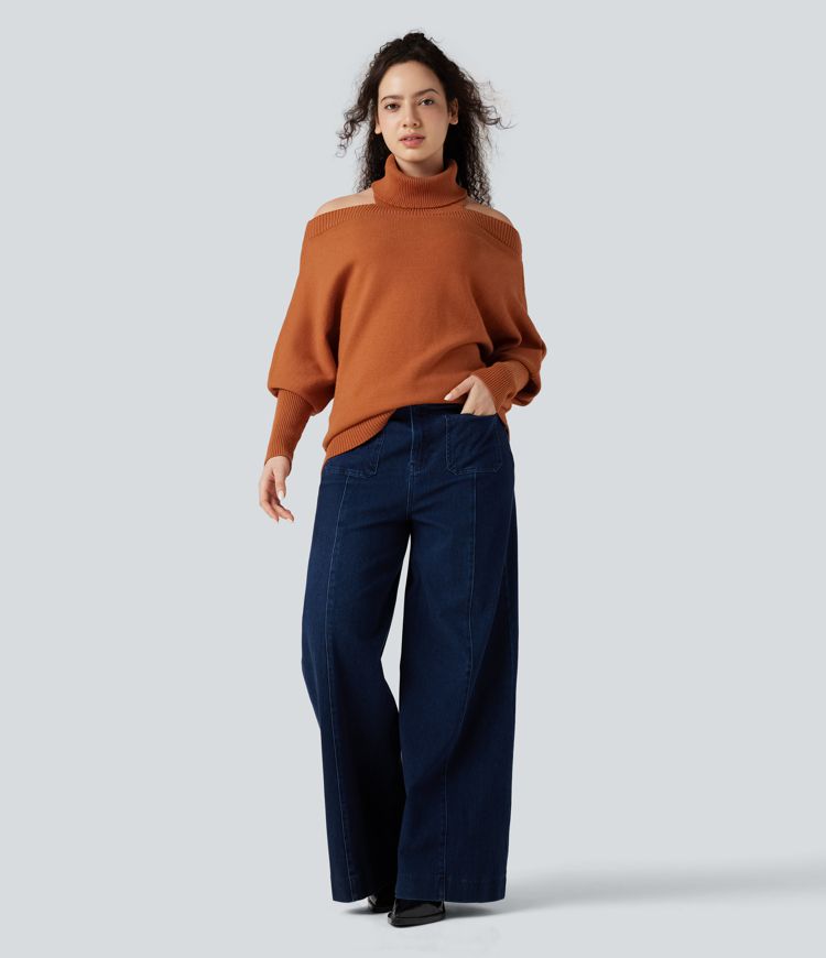 Off Shoulder High-neck Batwing Long Sleeve Casual Sweater