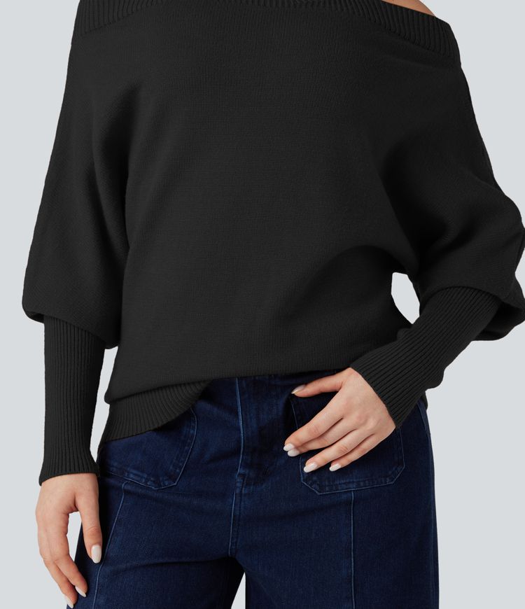 Off Shoulder High-neck Batwing Long Sleeve Casual Jumper