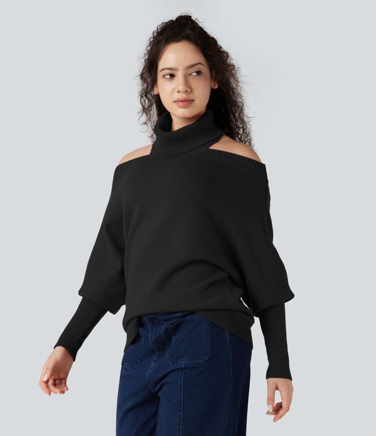 Off Shoulder High-neck Batwing Long Sleeve Casual Jumper