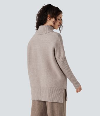 High-neck Long Sleeve Split Work Sweater