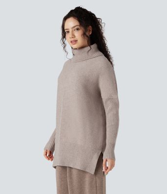 High-neck Long Sleeve Split Work Sweater