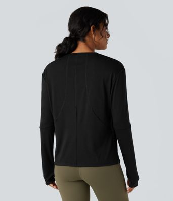 Round Neck Long Sleeve Thumb Holes Running Heathered Sports Top