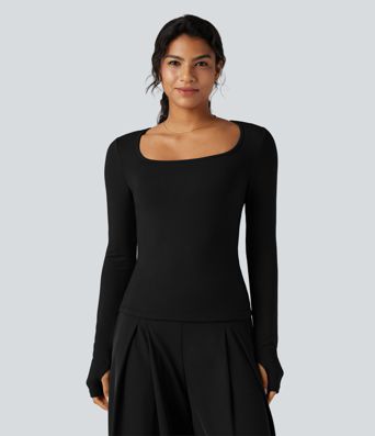 Square Neck Long Sleeve Slim Fit Work T-Shirt