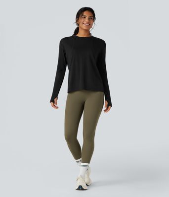 Round Neck Long Sleeve Thumb Holes Running Heathered Sports Top