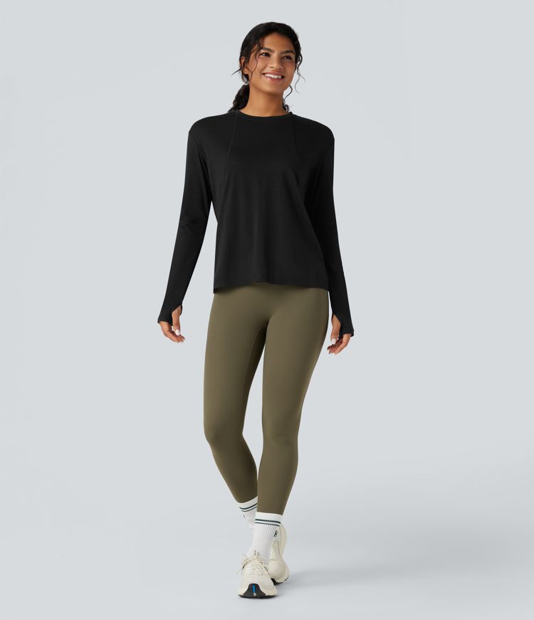 Round Neck Long Sleeve Thumb Holes Running Heathered Sports Top