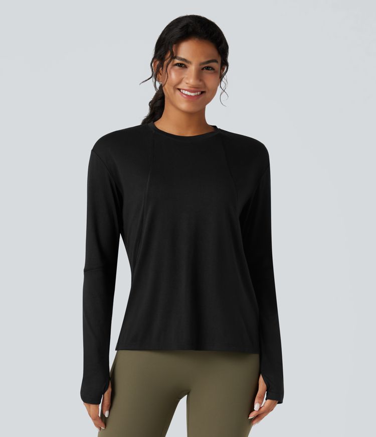 Round Neck Long Sleeve Thumb Holes Running Heathered Sports Top