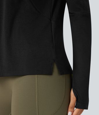 Round Neck Long Sleeve Thumb Holes Running Heathered Sports Top