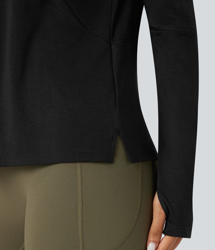 Round Neck Long Sleeve Thumb Holes Running Heathered Sports Top