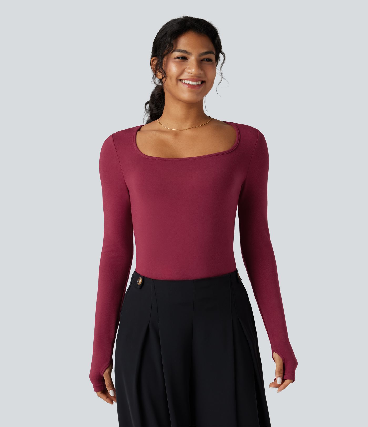 Square Neck Long Sleeve Slim Fit Work T-Shirt