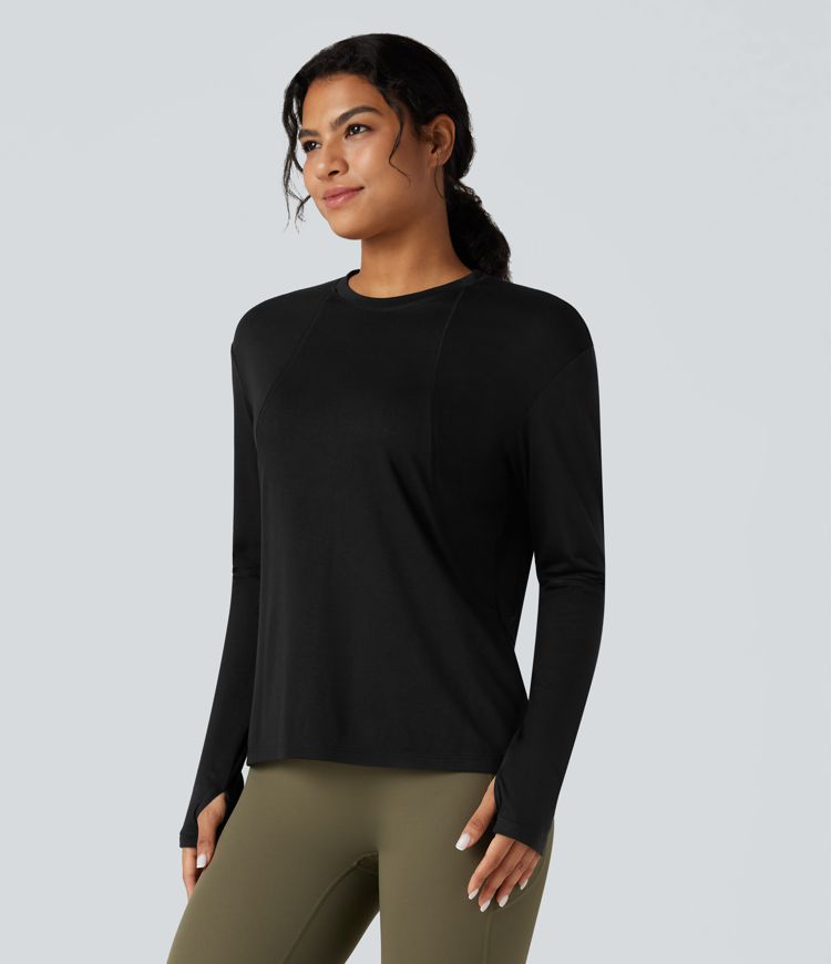 Round Neck Long Sleeve Thumb Holes Running Heathered Sports Top